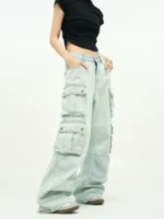 Light Wash Baggy Cargo Badfriend Jeans with Multiple Flap Pockets