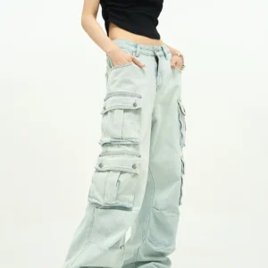 Light Wash Baggy Cargo Badfriend Jeans with Multiple Flap Pockets