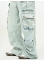 Light Wash Baggy Cargo Badfriend Jeans with Multiple Flap Pockets