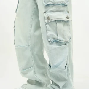 Light Wash Baggy Cargo Badfriend Jeans with Multiple Flap Pockets